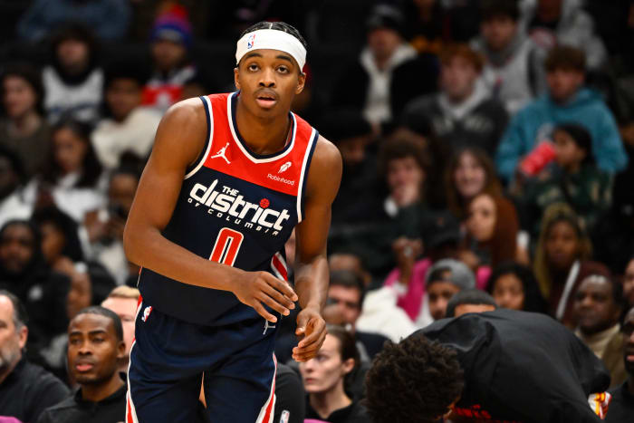 Washington Wizards guard Bilal Coulibaly (0) looks on against the Atlanta Hawks during the second half at Capital One Arena.